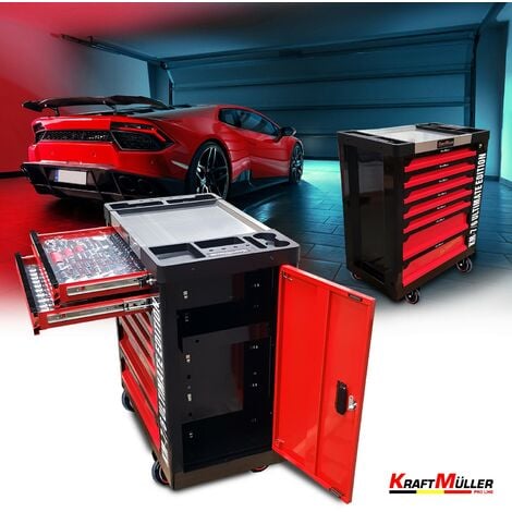 Kraft Muller KM-7-6-560PCS Servante d'atelier 255 outils inclus - 7 tiroirs  & 1 porte - Type chariot avec roulette - Orange